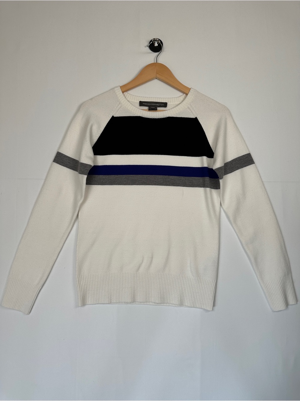 French Connection Colorblock Crew Neck Sweater White Blue Gray Size M